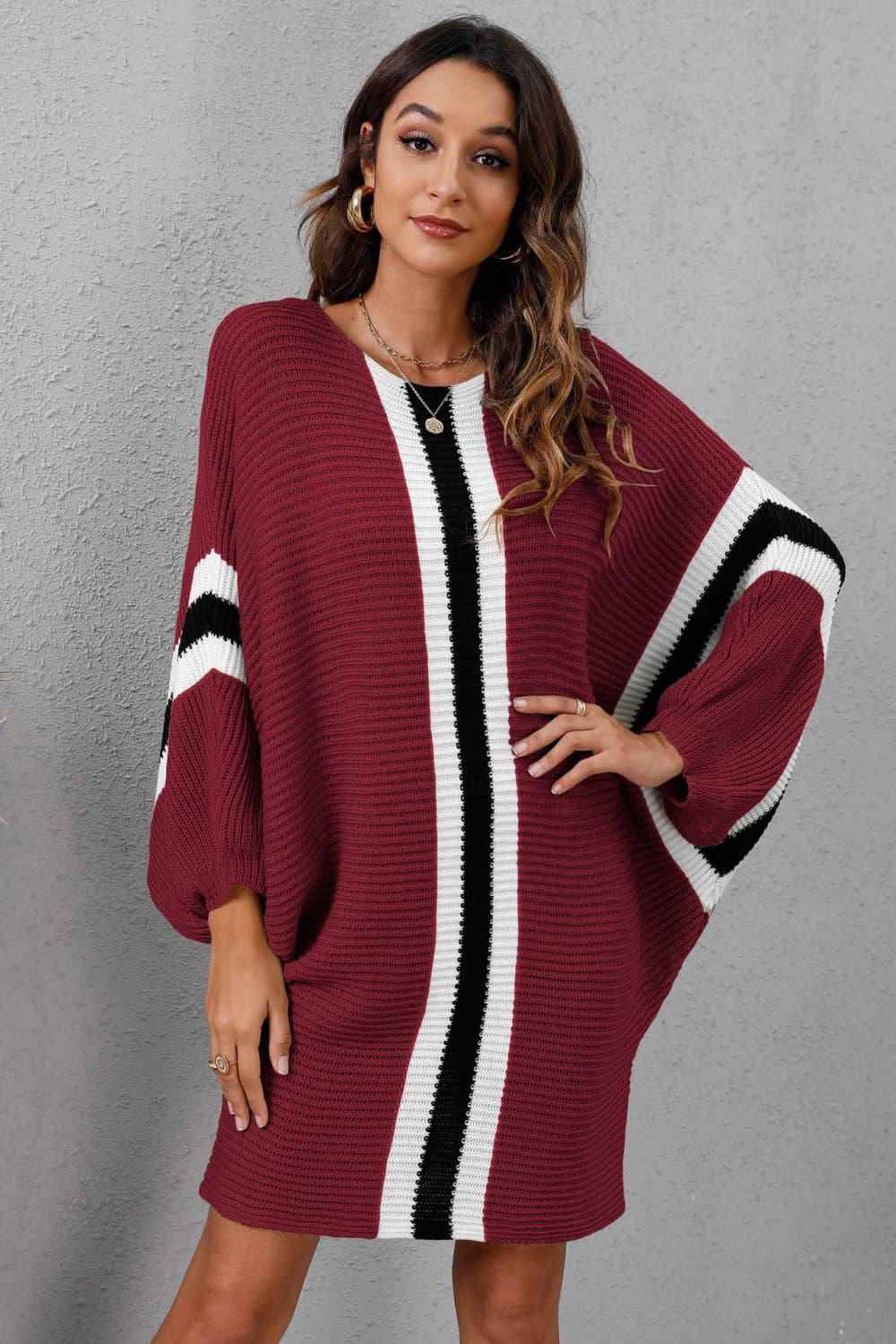 Ribbed Round Neck Long Sleeve Sweater Dress - Vesteeto