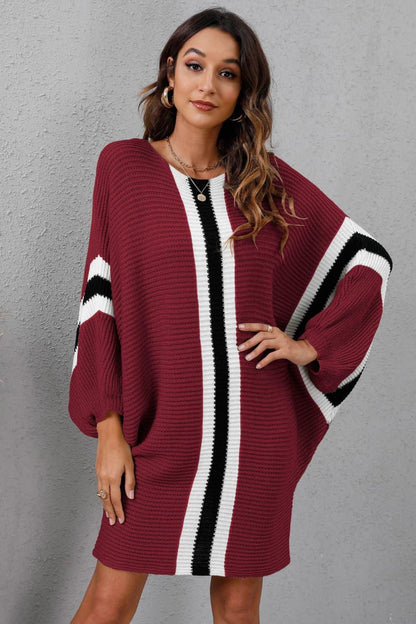 Ribbed Round Neck Long Sleeve Sweater Dress - Vesteeto