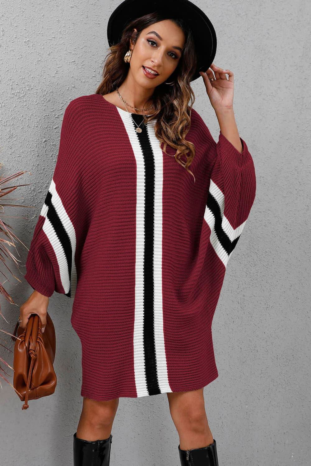 Ribbed Round Neck Long Sleeve Sweater Dress - Vesteeto