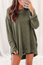 green waffle knit drop sleeve high slits oversized top