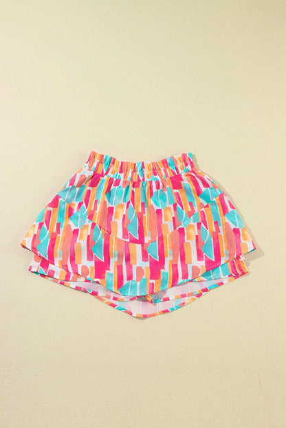 Rose Abstract Print A Line Ruffled Hem Shorts - Vesteeto