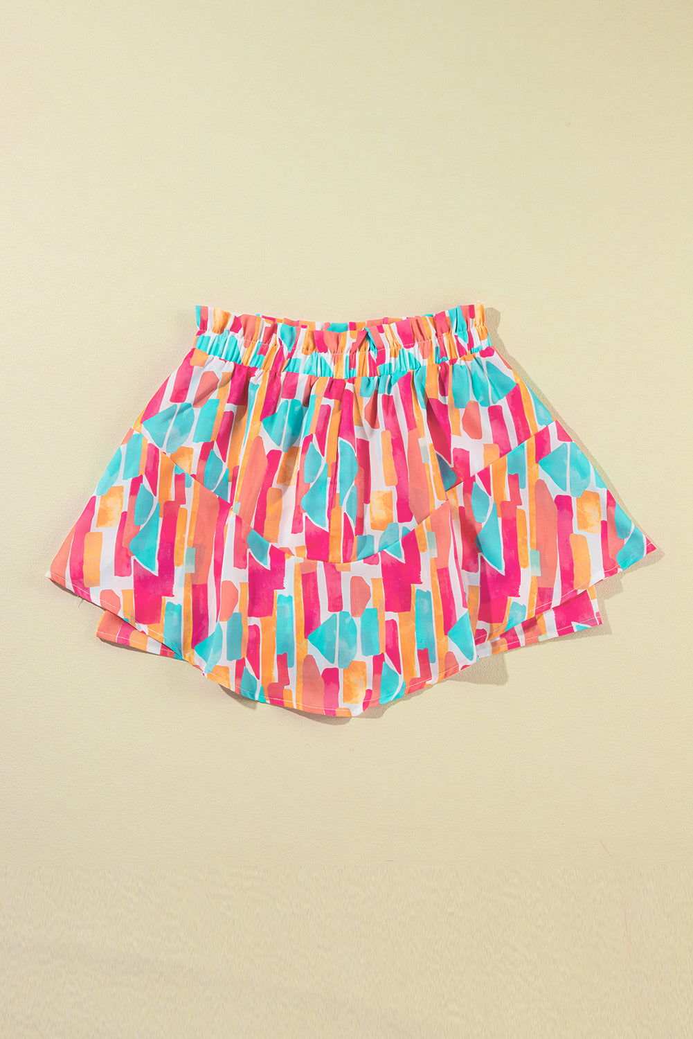 Rose Abstract Print A Line Ruffled Hem Shorts - Vesteeto