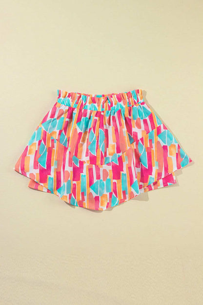 Rose Abstract Print A Line Ruffled Hem Shorts - Vesteeto