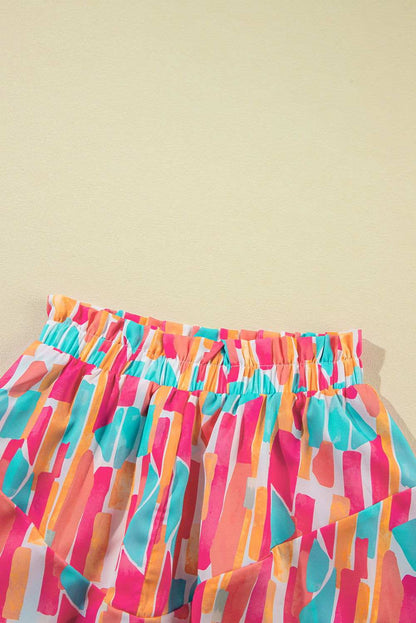 Rose Abstract Print A Line Ruffled Hem Shorts - Vesteeto