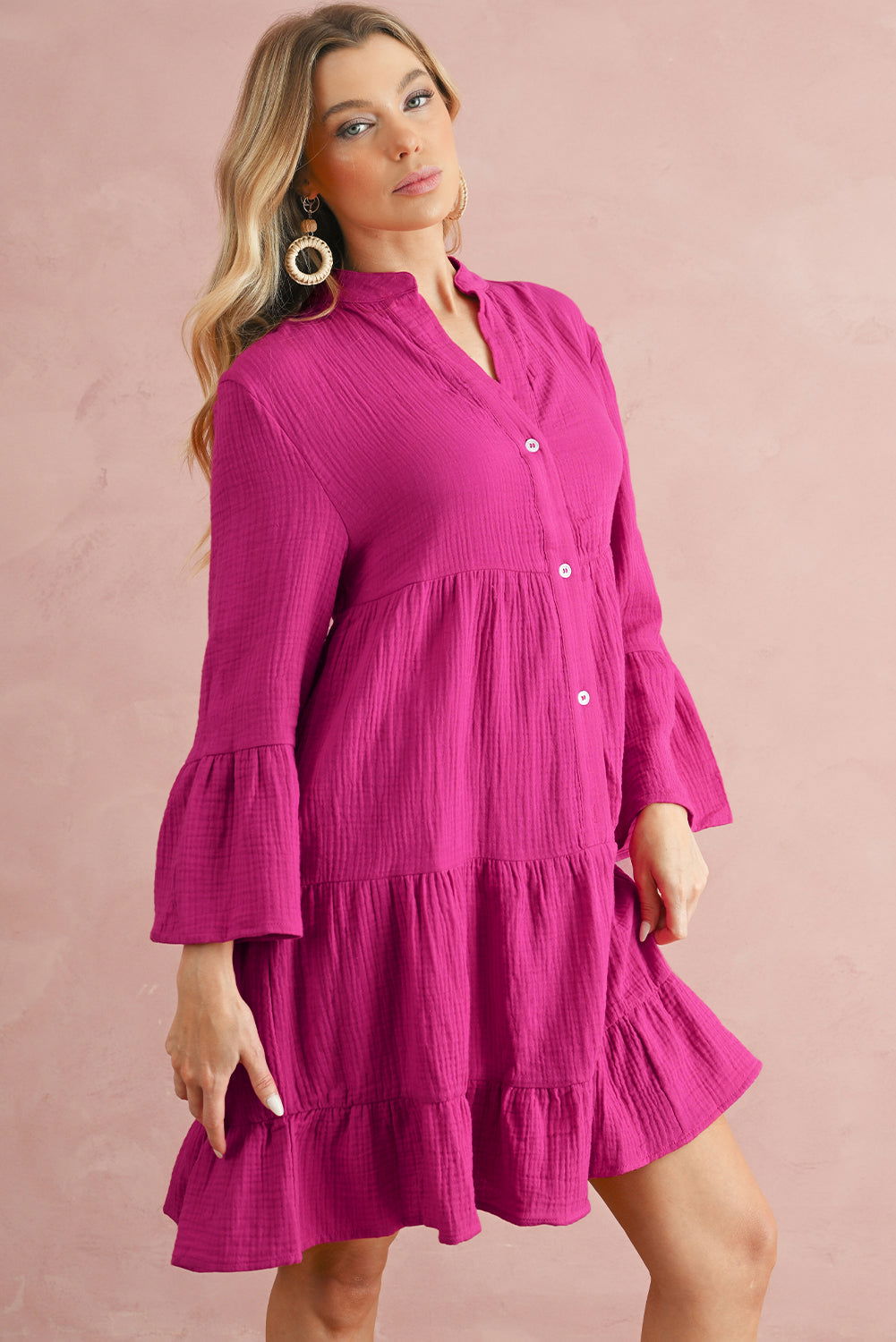 Rose Crinkled Tiered Split Neck Shirt Dress - Vesteeto