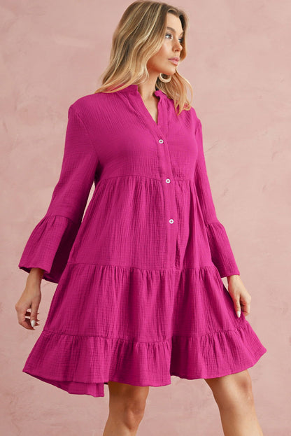 Rose Crinkled Tiered Split Neck Shirt Dress - Vesteeto