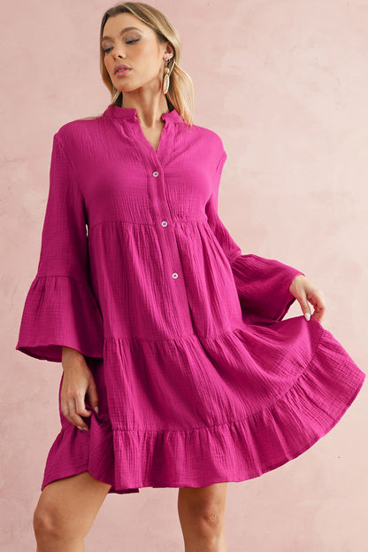 Rose Crinkled Tiered Split Neck Shirt Dress - Vesteeto