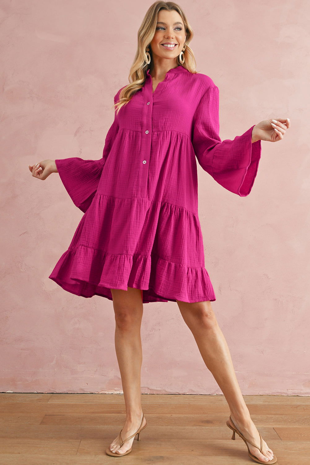 Rose Crinkled Tiered Split Neck Shirt Dress - Vesteeto