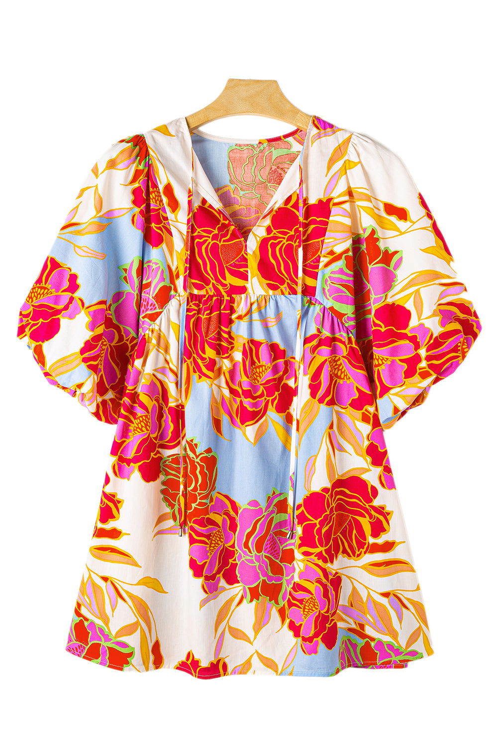 Rose Floral Lantern Sleeve Tied Split Neck Mini Dress - Vesteeto