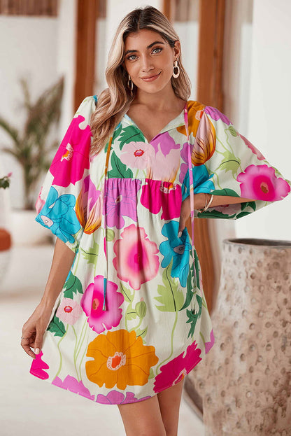 Rose Floral Lantern Sleeve Tied Split Neck Mini Dress - Vesteeto