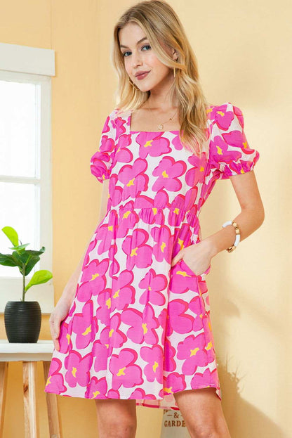 Rose Floral Print Puff Sleeve Babydoll Short Dress - Vesteeto