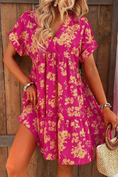 Rose Floral Short Sleeve Surplice Neck Ruffled Mini Dress - Vesteeto