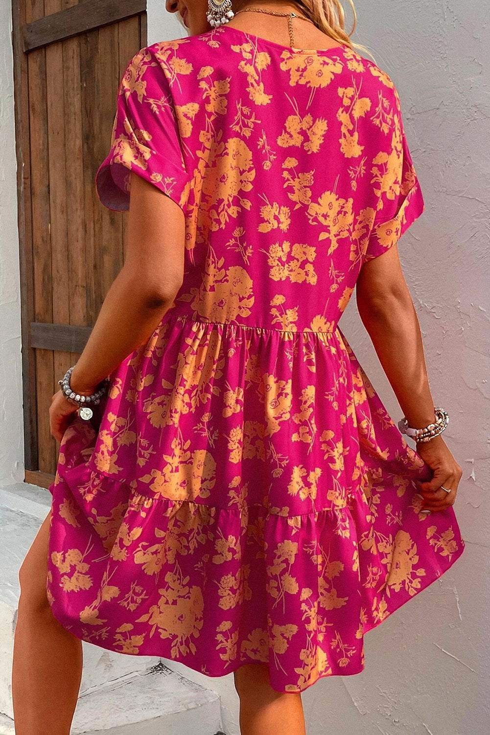 Rose Floral Short Sleeve Surplice Neck Ruffled Mini Dress - Vesteeto