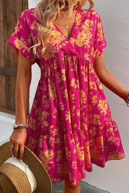 Rose Floral Short Sleeve Surplice Neck Ruffled Mini Dress - Vesteeto