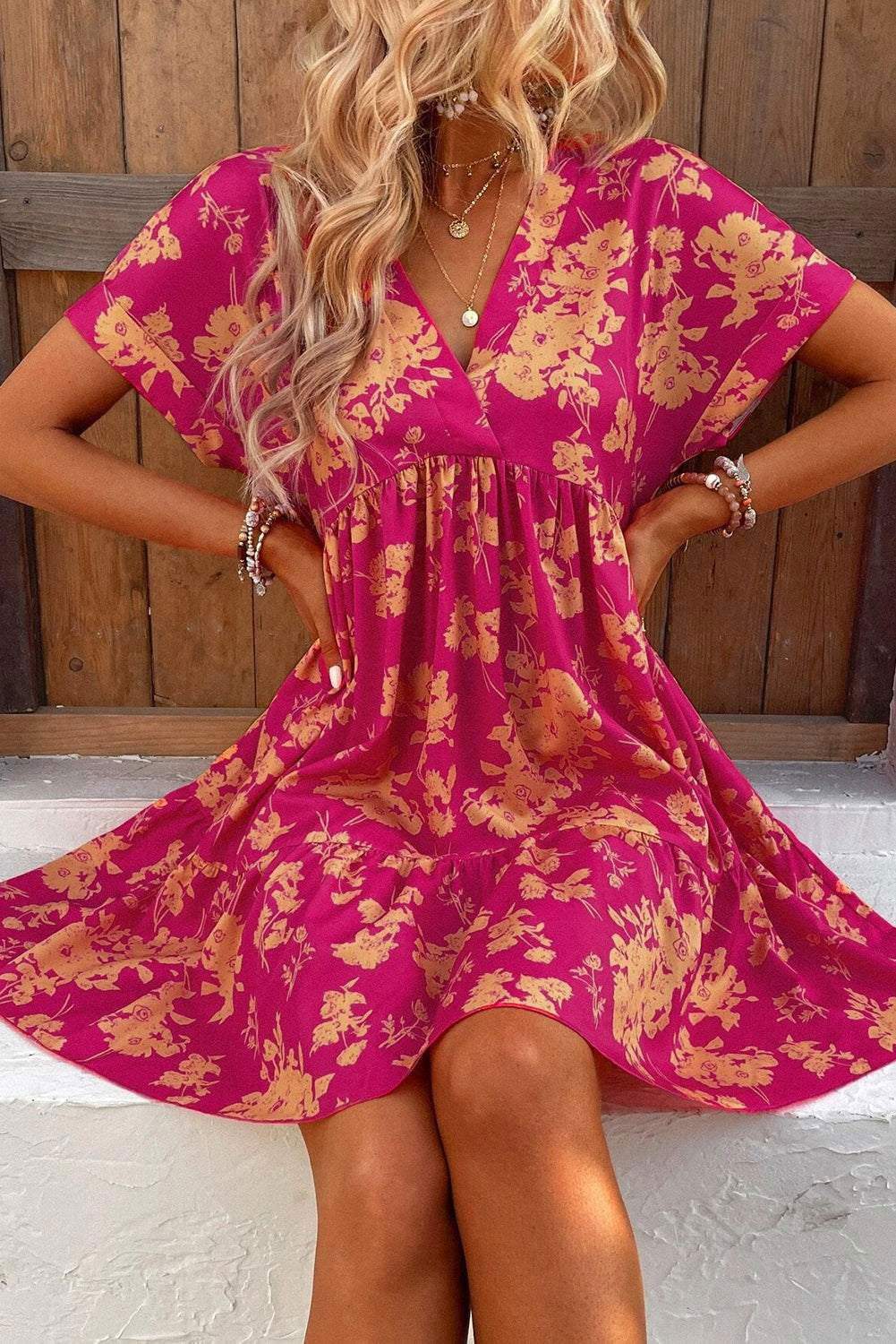 Rose Floral Short Sleeve Surplice Neck Ruffled Mini Dress - Vesteeto