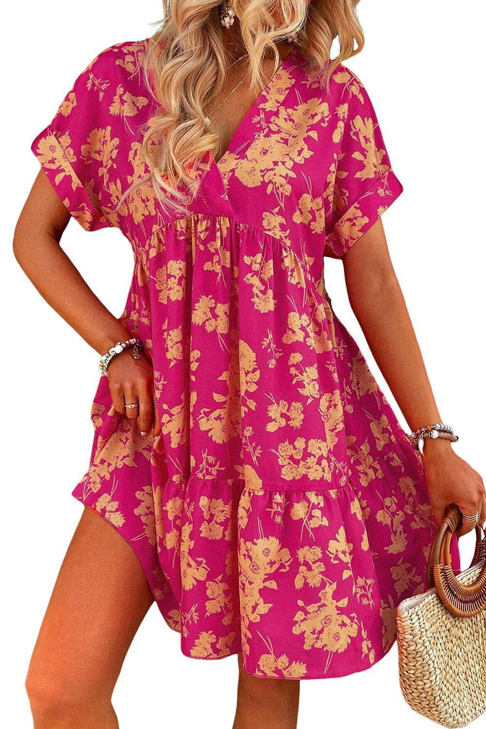 Rose Floral Short Sleeve Surplice Neck Ruffled Mini Dress - Vesteeto