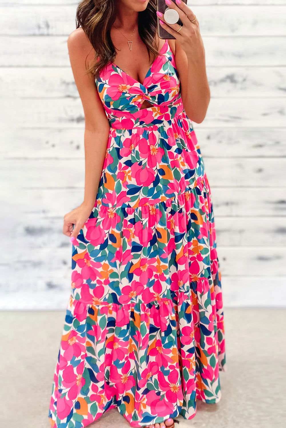 Rose Floral Twist V Neck Tiered Cami Maxi Dress - Vesteeto