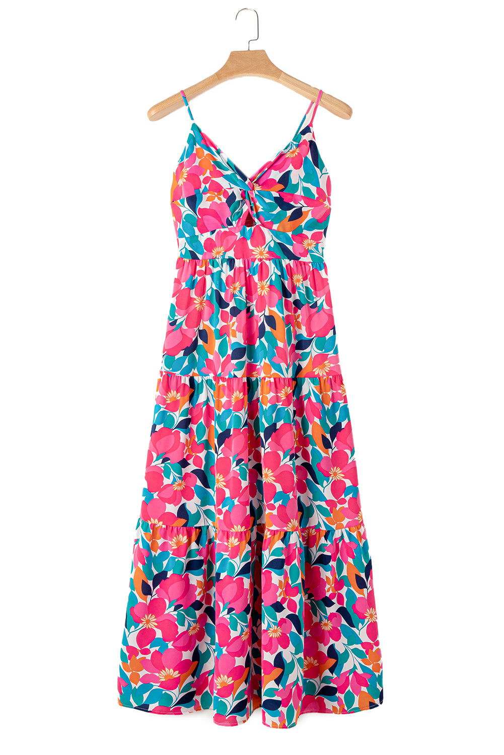 Rose Floral Twist V Neck Tiered Cami Maxi Dress - Vesteeto