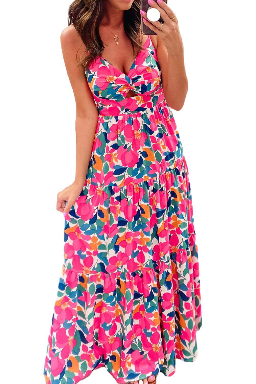 Rose Floral Twist V Neck Tiered Cami Maxi Dress - Vesteeto