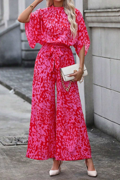 Rose Leopard Print Flounce Sleeve Belted Wide Leg Jumpsuit - Vesteeto