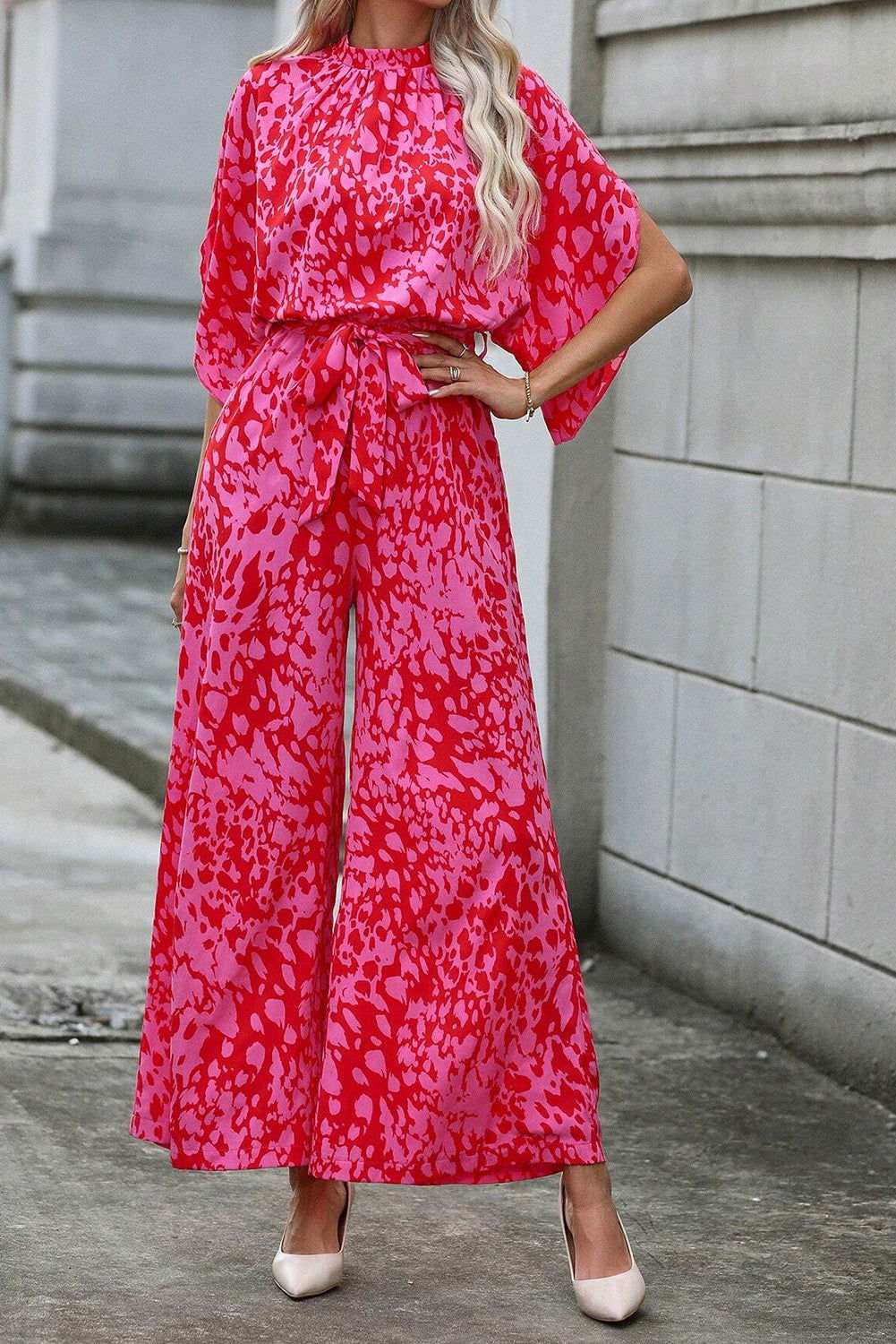 Rose Leopard Print Flounce Sleeve Belted Wide Leg Jumpsuit - Vesteeto