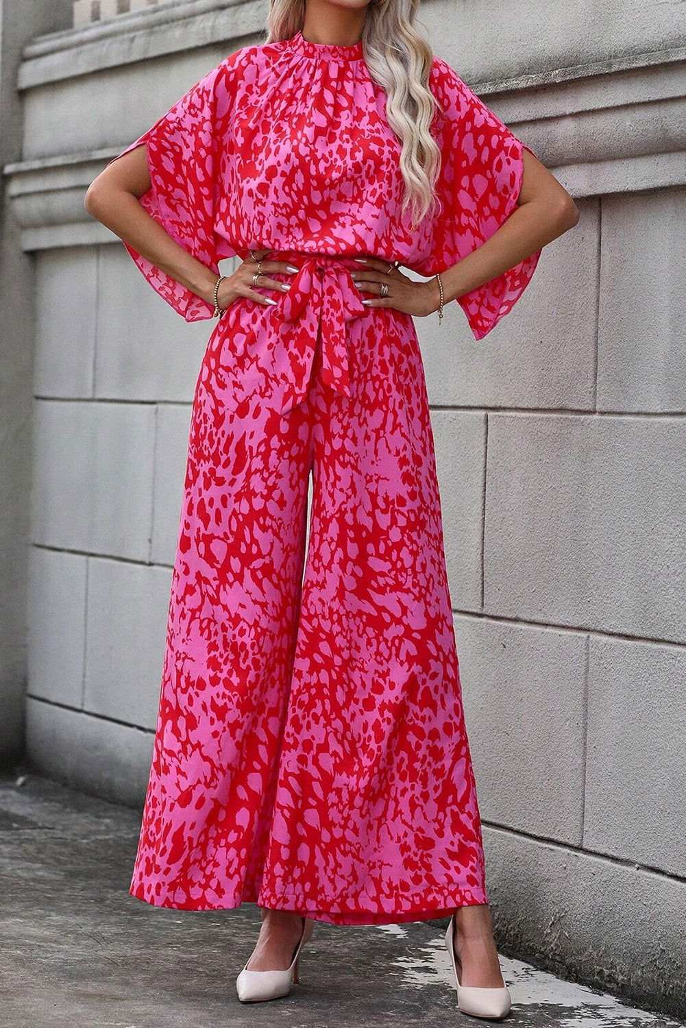 Rose Leopard Print Flounce Sleeve Belted Wide Leg Jumpsuit - Vesteeto