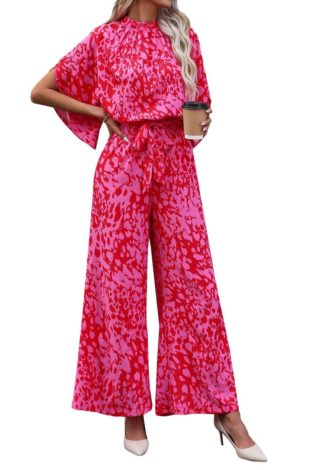 Rose Leopard Print Flounce Sleeve Belted Wide Leg Jumpsuit - Vesteeto