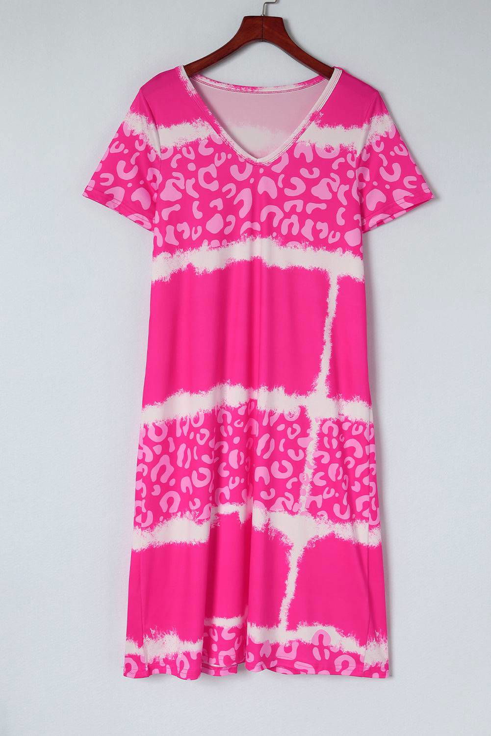 Rose Leopard Tie Dye Color Block V-Neck T-Shirt Dress - Vesteeto