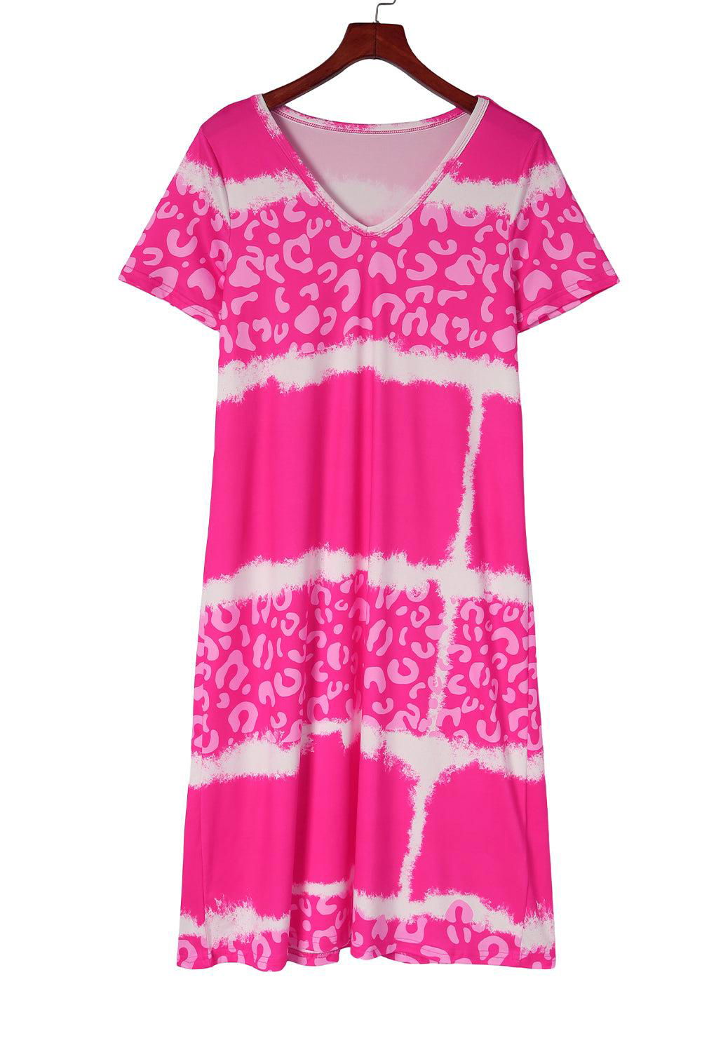 Rose Leopard Tie Dye Color Block V-Neck T-Shirt Dress - Vesteeto