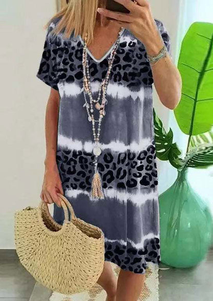 Rose Leopard Tie Dye Color Block V-Neck T-Shirt Dress - Vesteeto