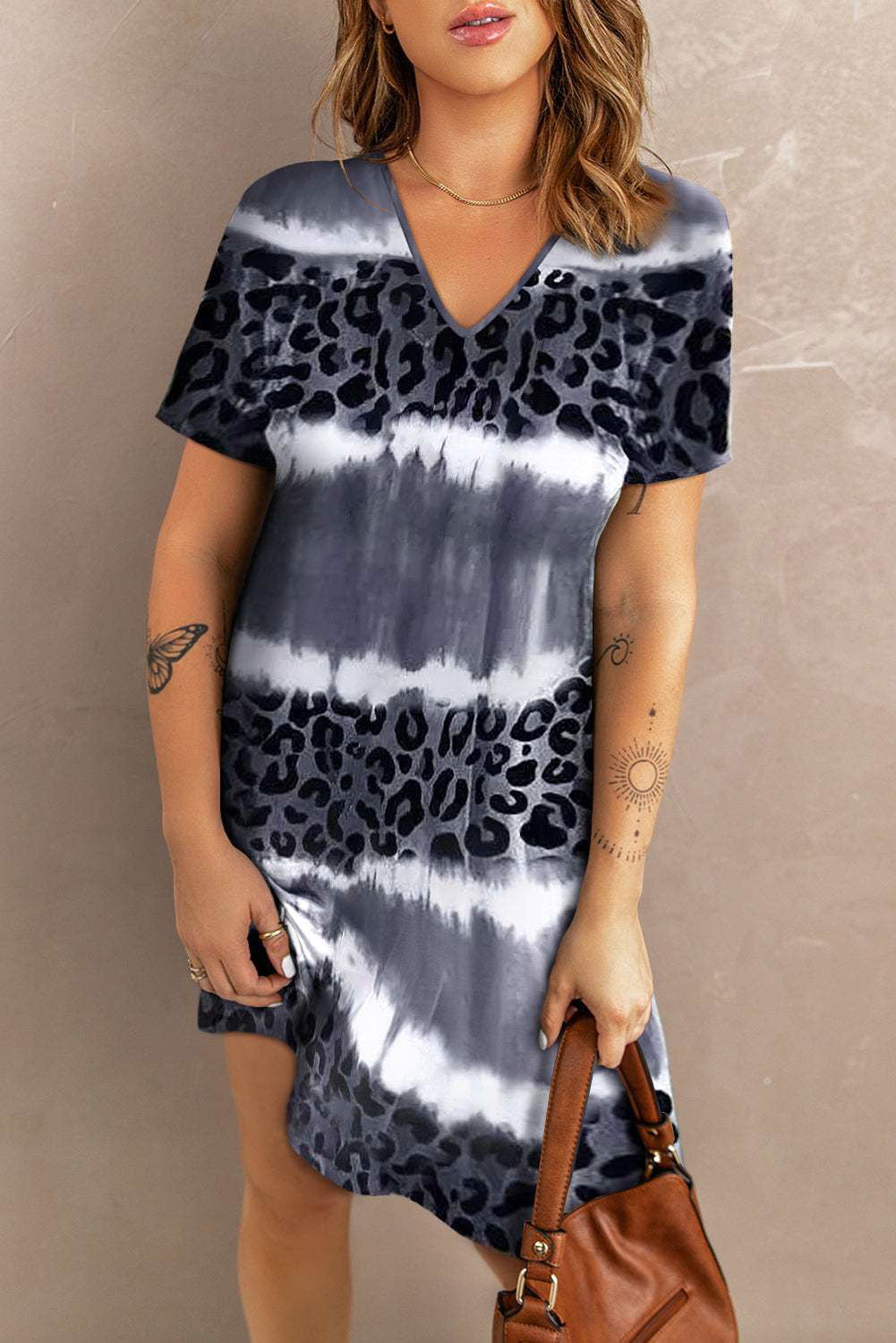 Rose Leopard Tie Dye Color Block V-Neck T-Shirt Dress - Vesteeto