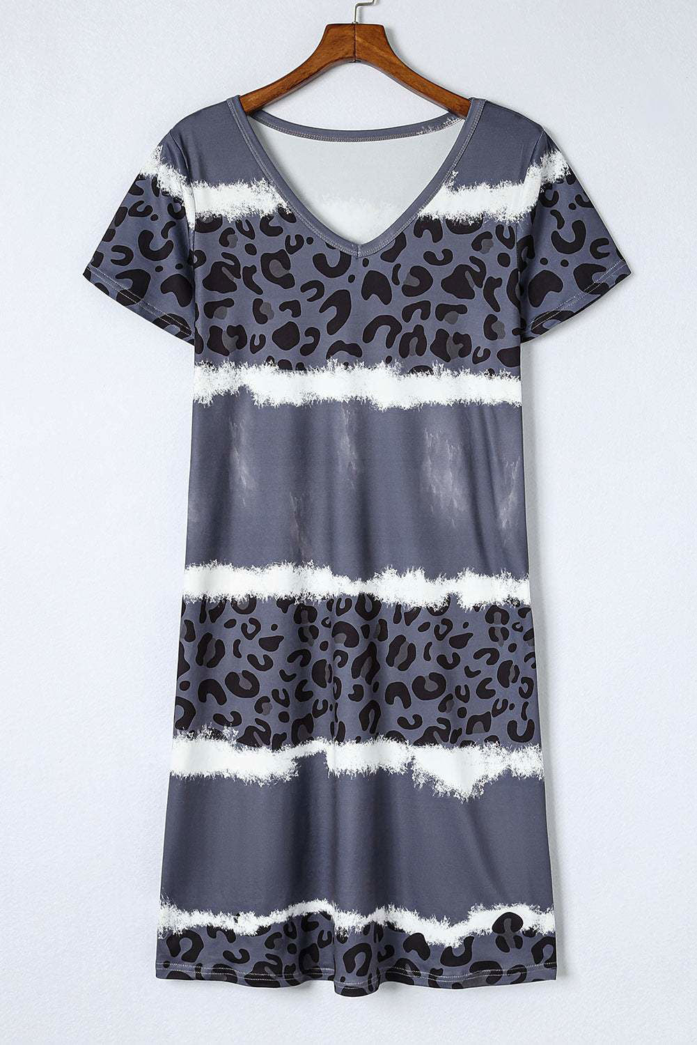 Rose Leopard Tie Dye Color Block V-Neck T-Shirt Dress - Vesteeto