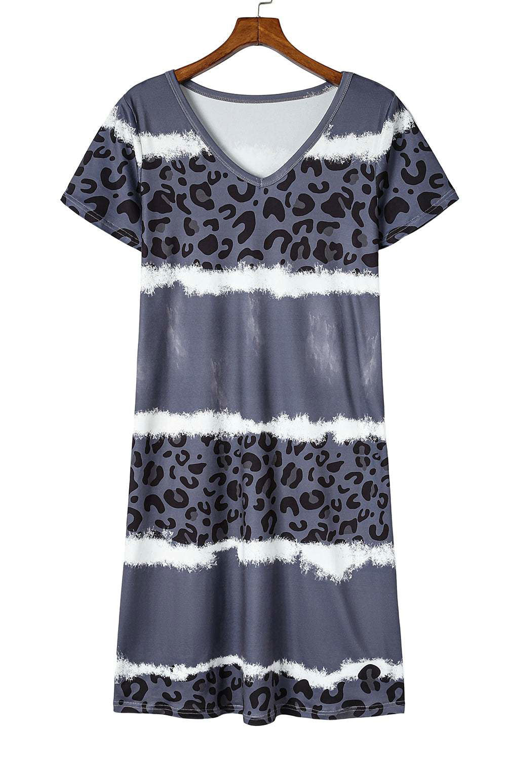 Rose Leopard Tie Dye Color Block V-Neck T-Shirt Dress - Vesteeto