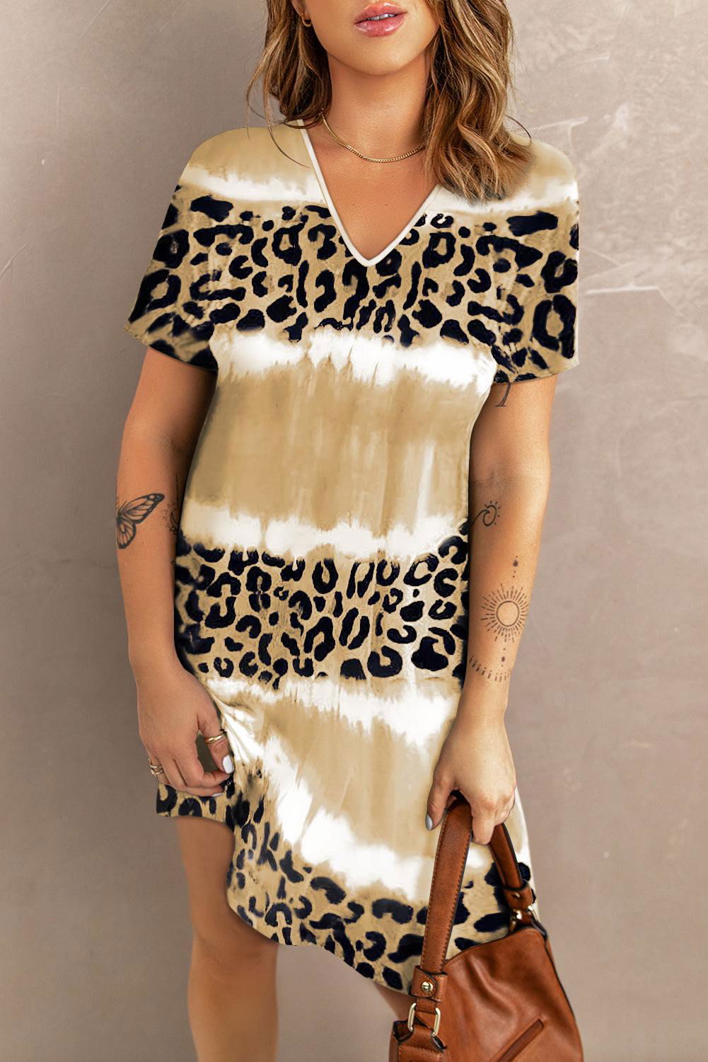 Rose Leopard Tie Dye Color Block V-Neck T-Shirt Dress - Vesteeto