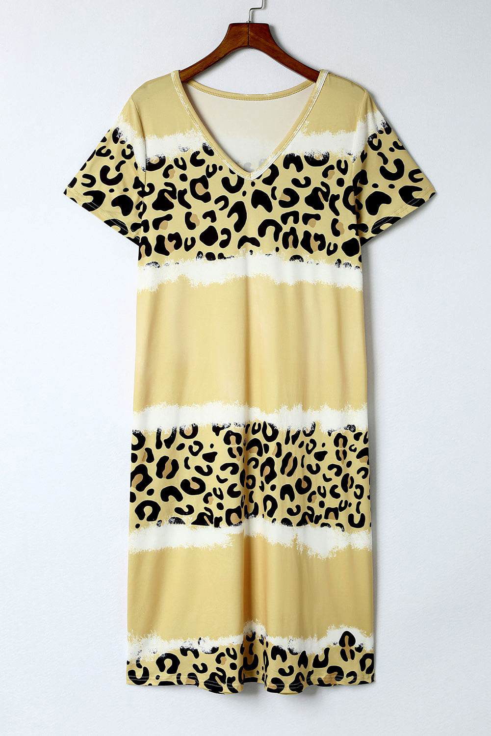 Rose Leopard Tie Dye Color Block V-Neck T-Shirt Dress - Vesteeto