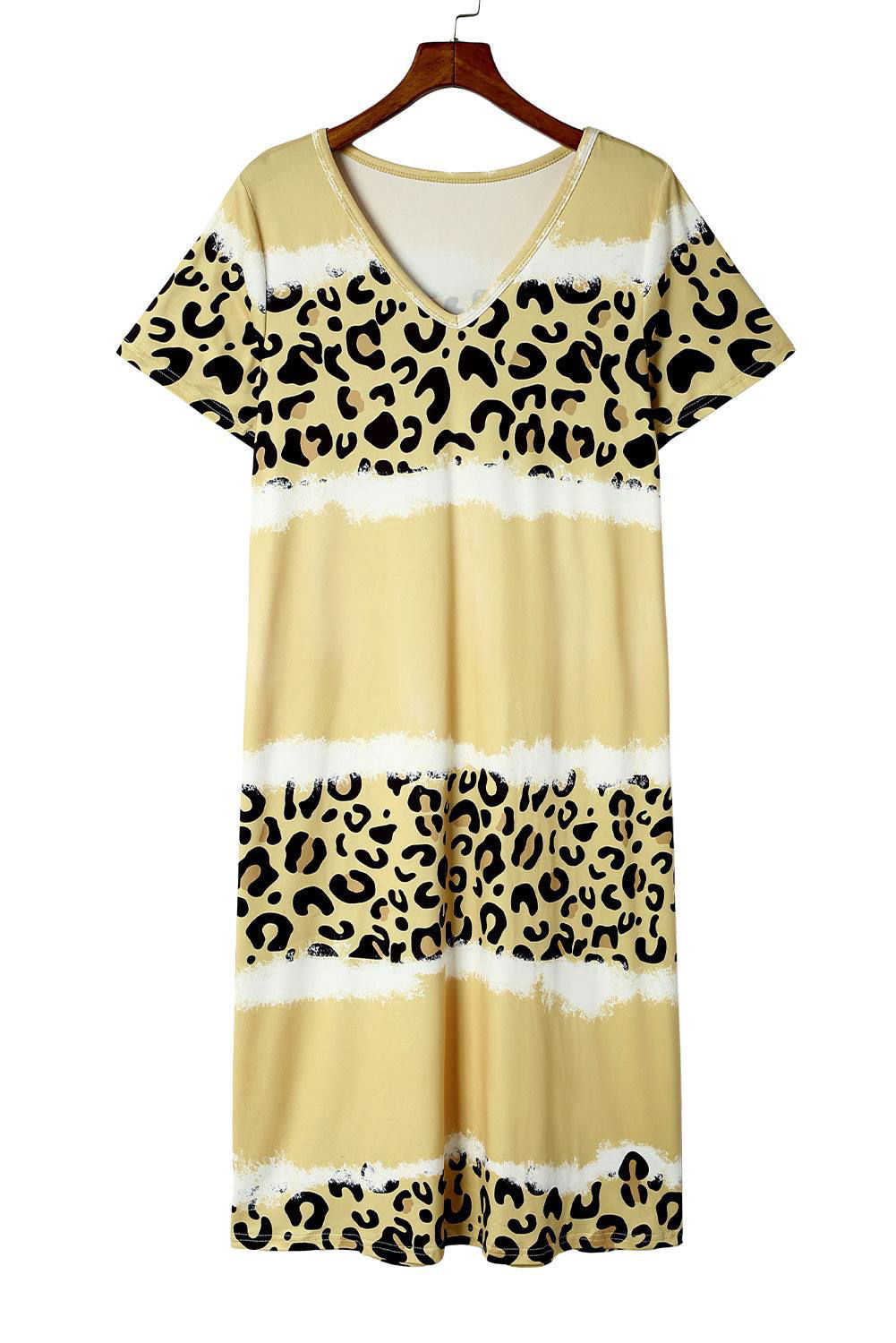 Rose Leopard Tie Dye Color Block V-Neck T-Shirt Dress - Vesteeto