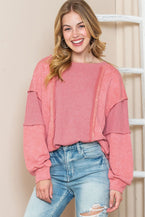 Rose Lighted Washed Waffle Knit Patchwork Sweatshirt - Vesteeto