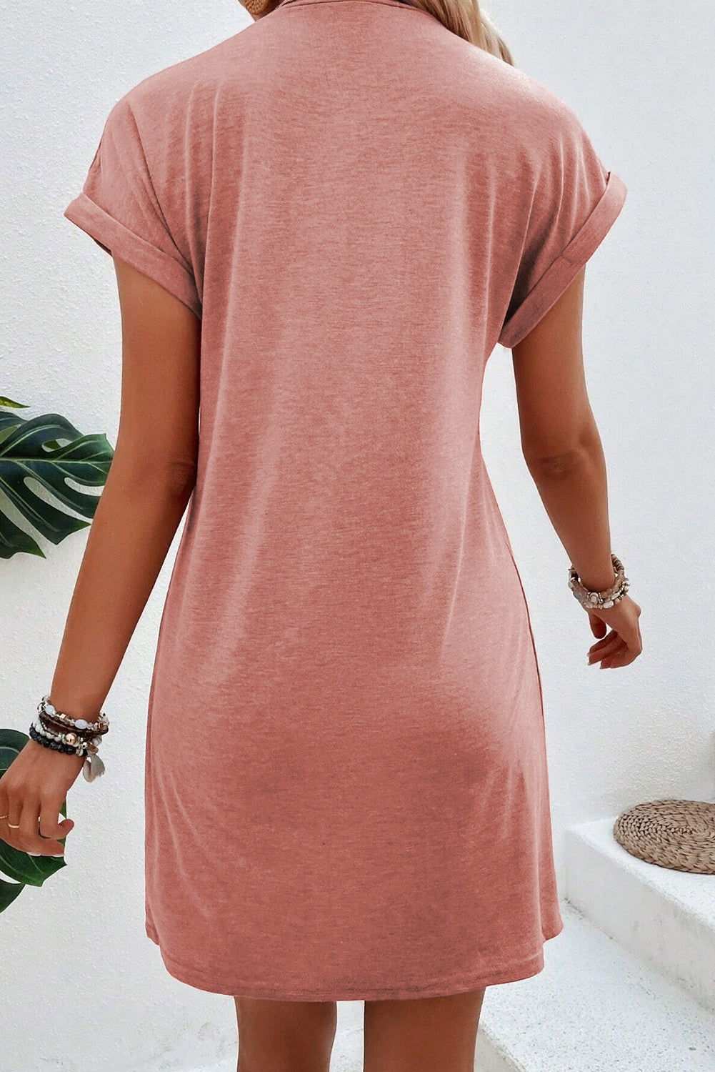 Rose Pink Center Seamed Roll Sleeve T-shirt Dress - Vesteeto