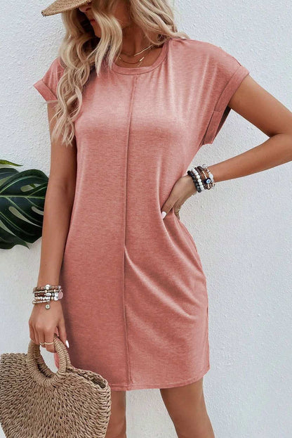 Rose Pink Center Seamed Roll Sleeve T-shirt Dress - Vesteeto