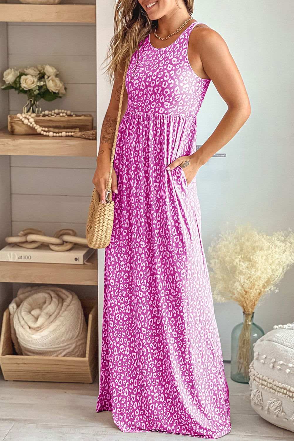 Rose Pink Leopard Pocketed Maxi Tank Dress - Vesteeto