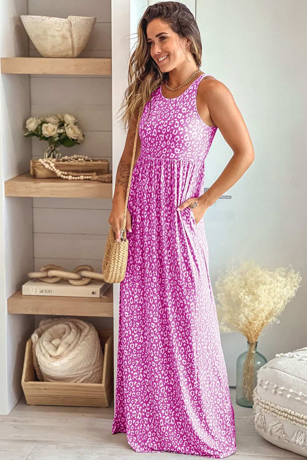 Rose Pink Leopard Pocketed Maxi Tank Dress - Vesteeto