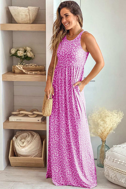 Rose Pink Leopard Pocketed Maxi Tank Dress - Vesteeto