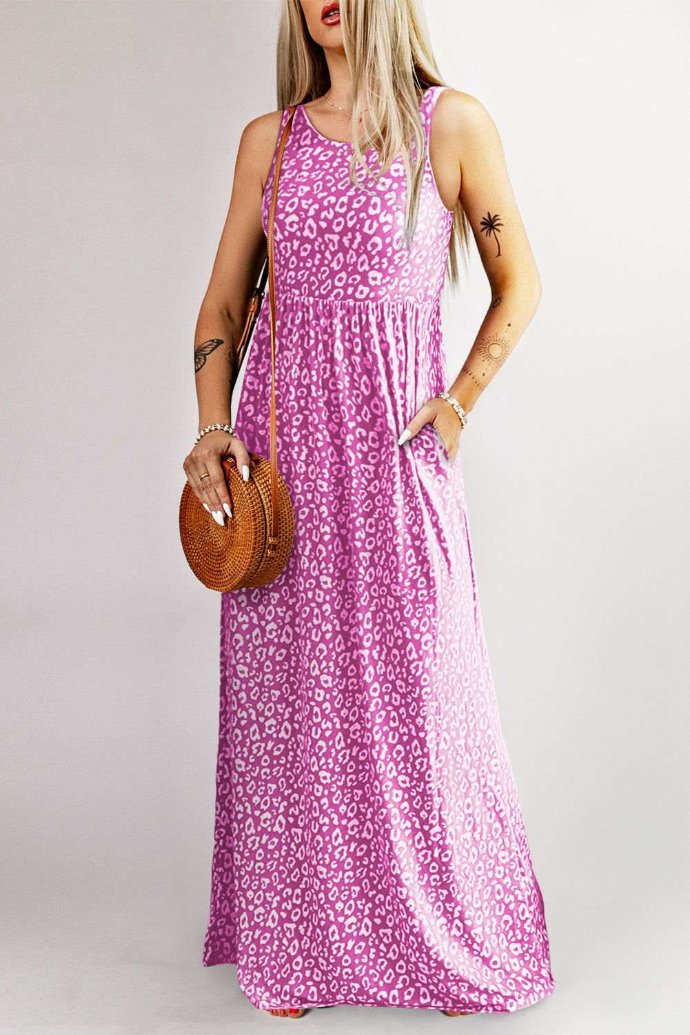 Rose Pink Leopard Pocketed Maxi Tank Dress - Vesteeto