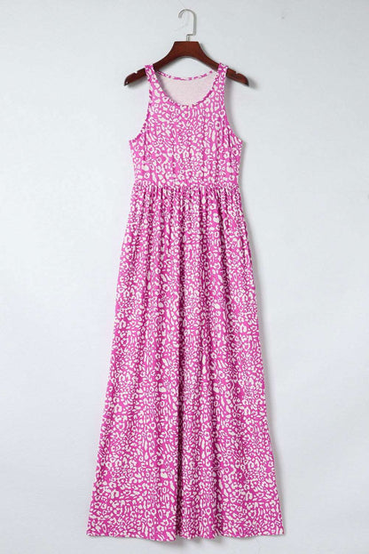 Rose Pink Leopard Pocketed Maxi Tank Dress - Vesteeto