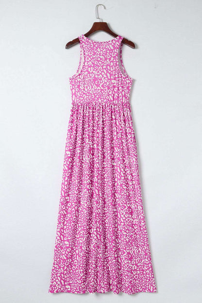 Rose Pink Leopard Pocketed Maxi Tank Dress - Vesteeto