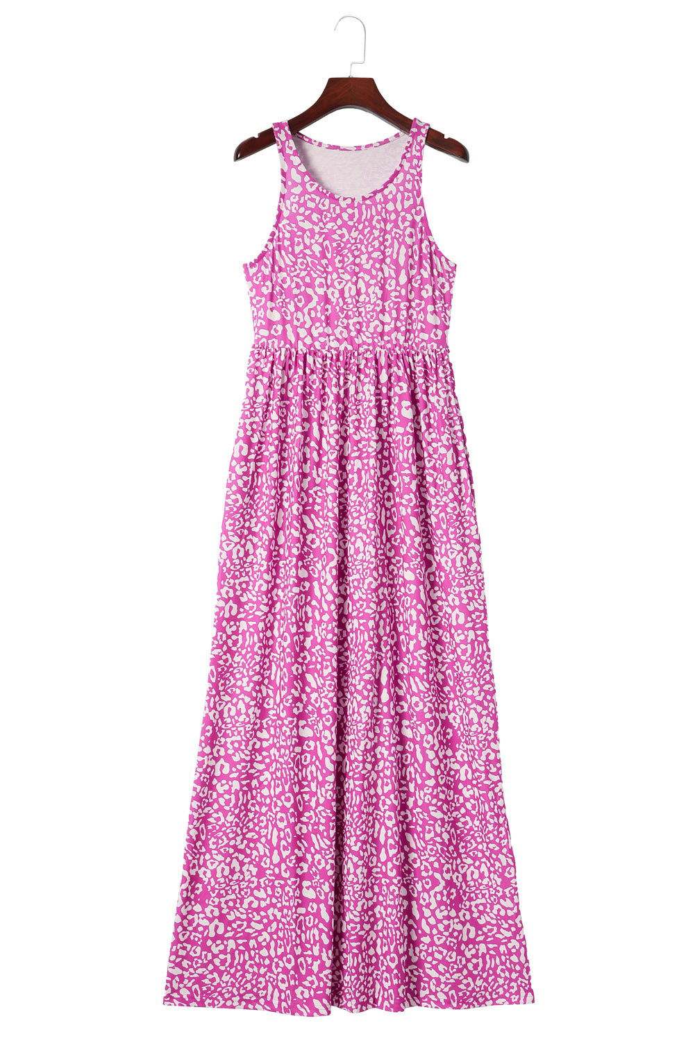 Rose Pink Leopard Pocketed Maxi Tank Dress - Vesteeto