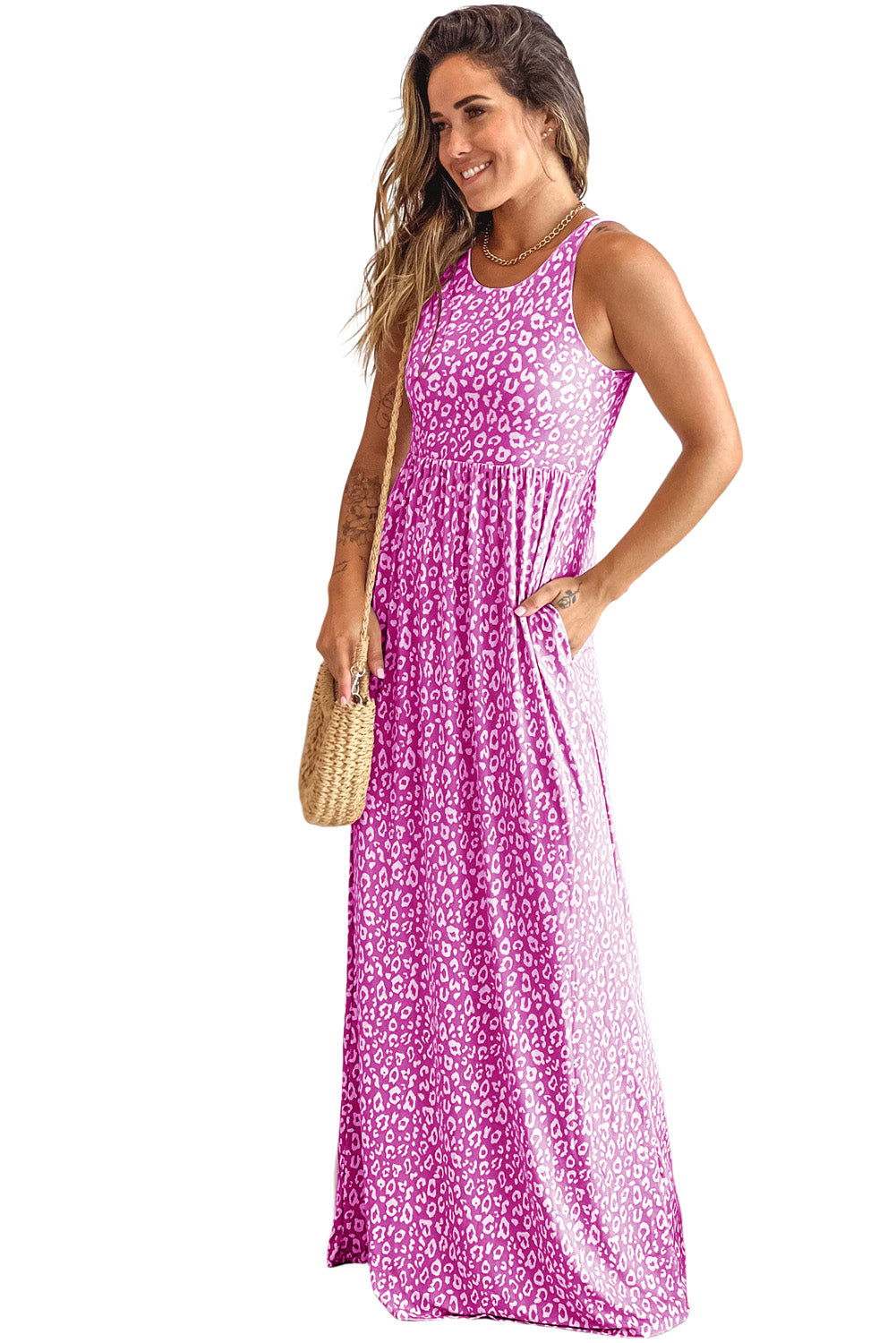 Rose Pink Leopard Pocketed Maxi Tank Dress - Vesteeto