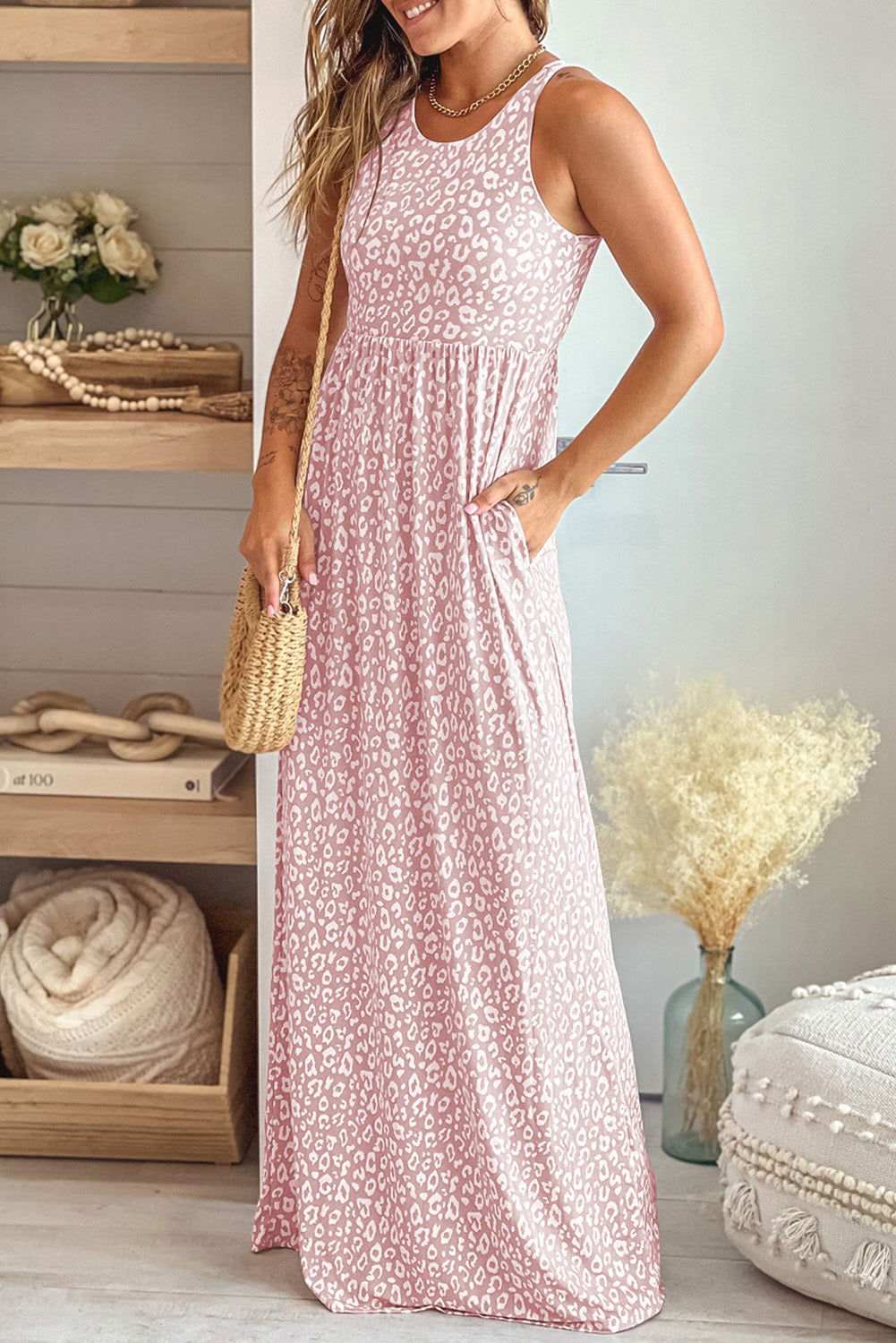 Rose Pink Leopard Pocketed Maxi Tank Dress - Vesteeto