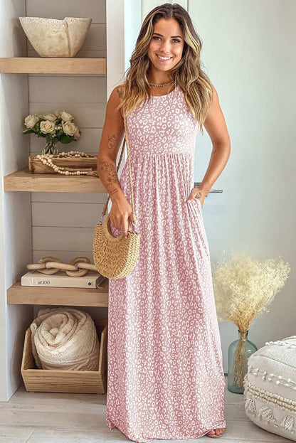 Rose Pink Leopard Pocketed Maxi Tank Dress - Vesteeto