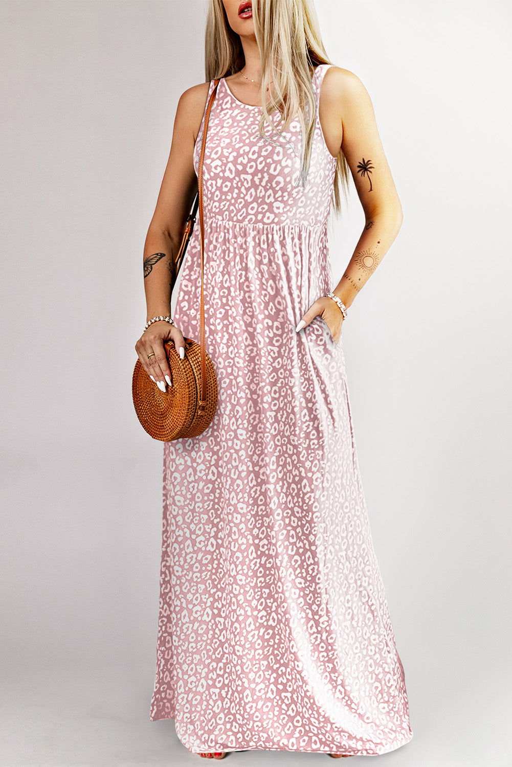 Rose Pink Leopard Pocketed Maxi Tank Dress - Vesteeto